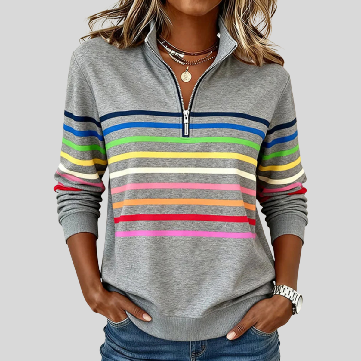 Prismette | Kleurrijk gestreept sweatshirt met korte rits