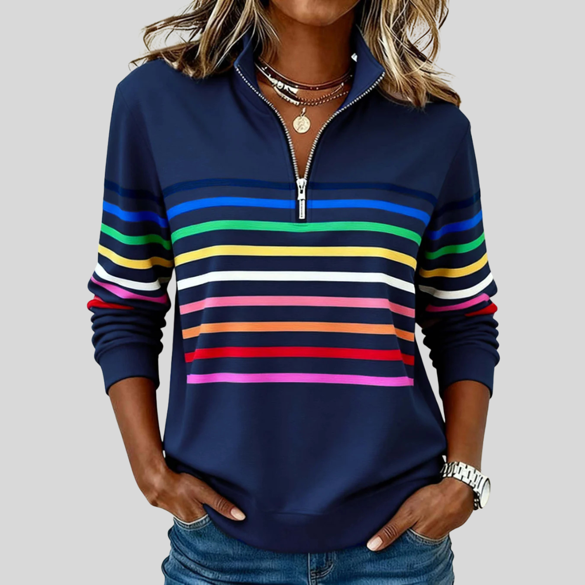 Prismette | Kleurrijk gestreept sweatshirt met korte rits