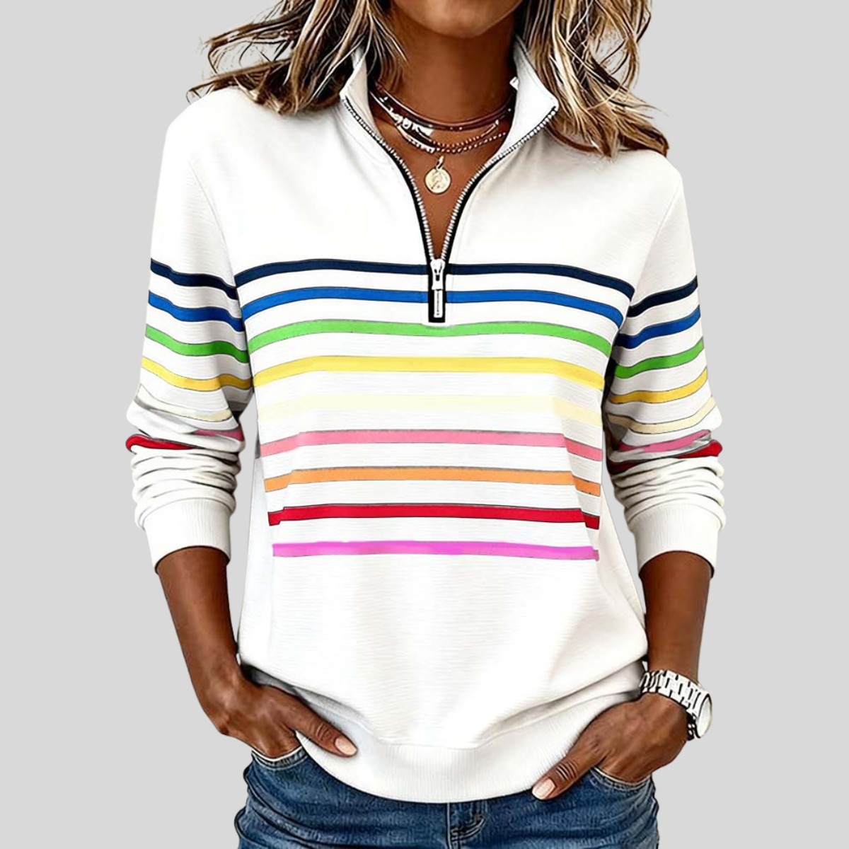 Prismette | Kleurrijk gestreept sweatshirt met korte rits