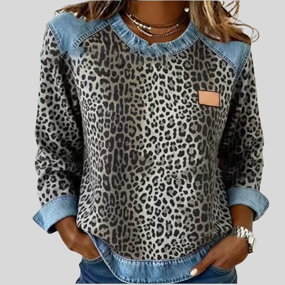Hollyn | Luipaardprint Trui met Denim Kraag