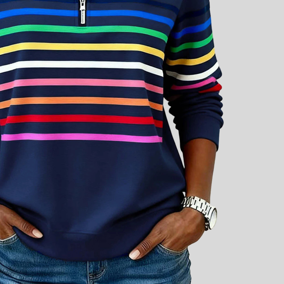 Prismette | Kleurrijk gestreept sweatshirt met korte rits