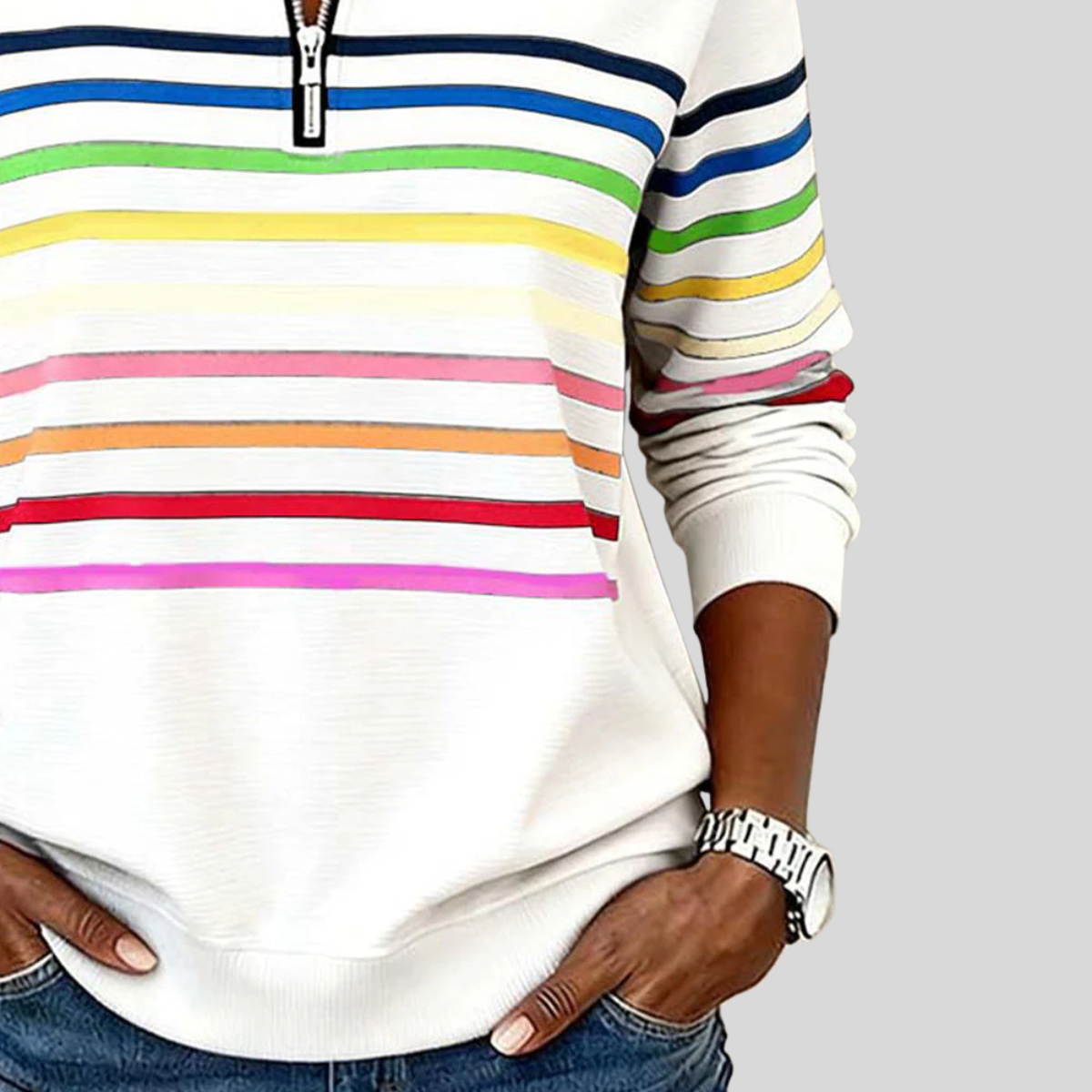 Prismette | Kleurrijk gestreept sweatshirt met korte rits