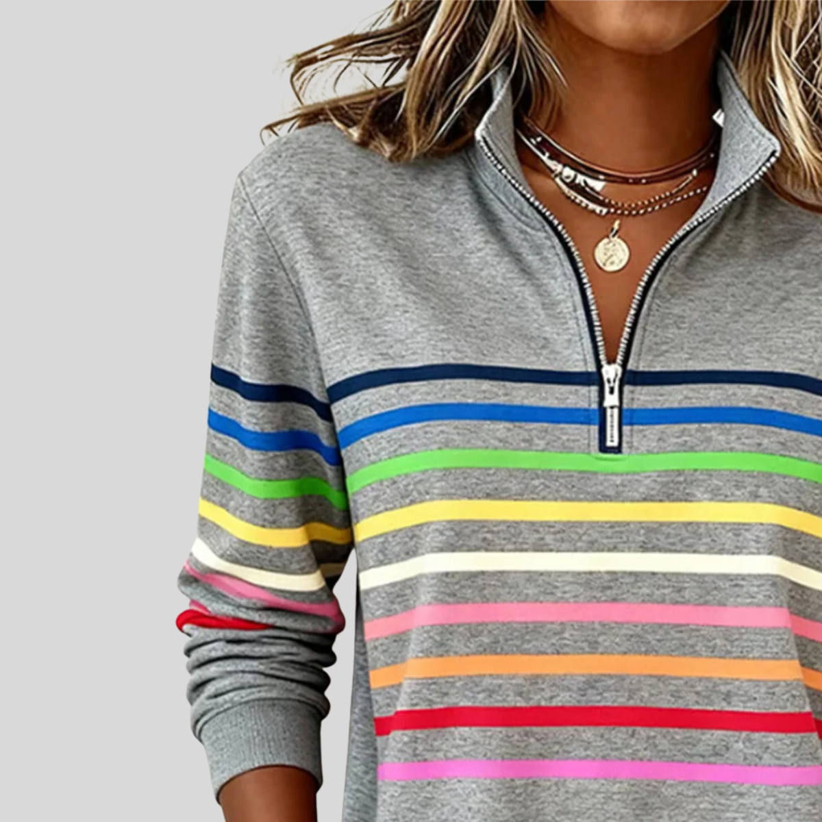 Prismette | Kleurrijk gestreept sweatshirt met korte rits