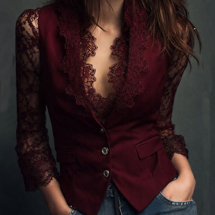 Noémie | Hoge Zwarte Blazer met Semi-Transparante Mouwen
