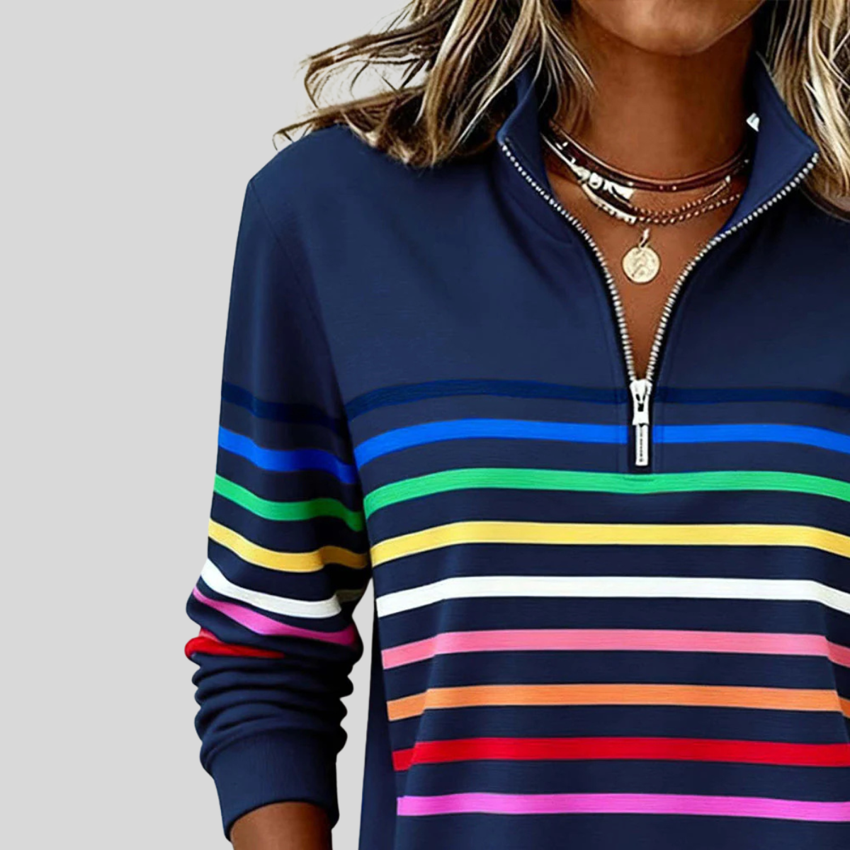 Prismette | Kleurrijk gestreept sweatshirt met korte rits
