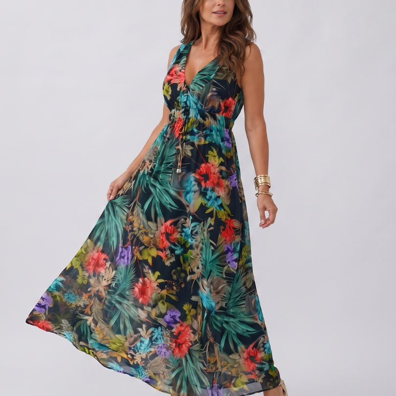Ada | Maxi-jurk met bladprint in groen