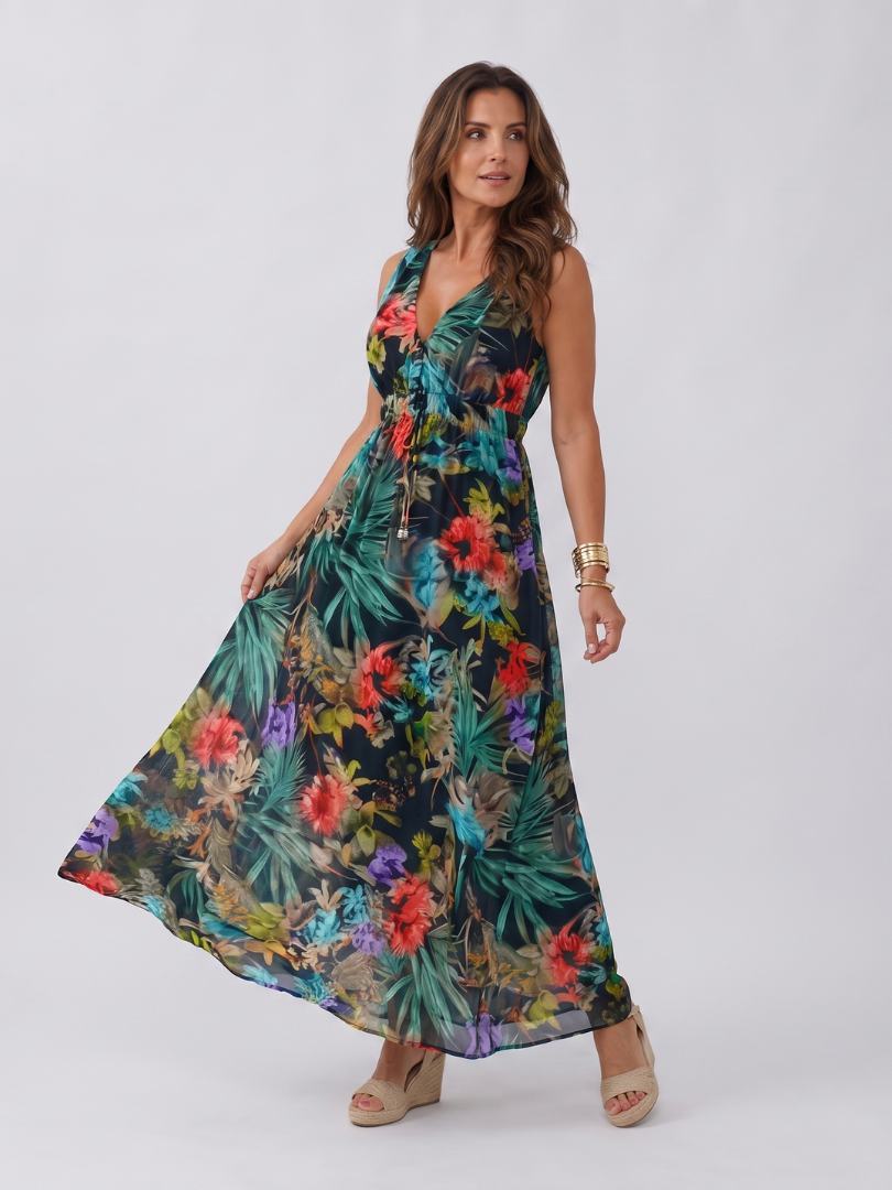 Ada | Maxi-jurk met bladprint in groen