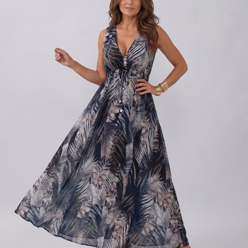 Ada | Maxi-jurk met bladprint in groen