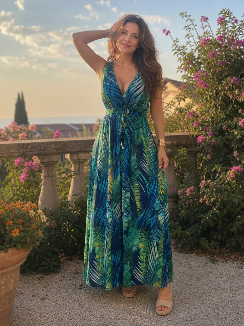Ada | Maxi-jurk met bladprint in groen