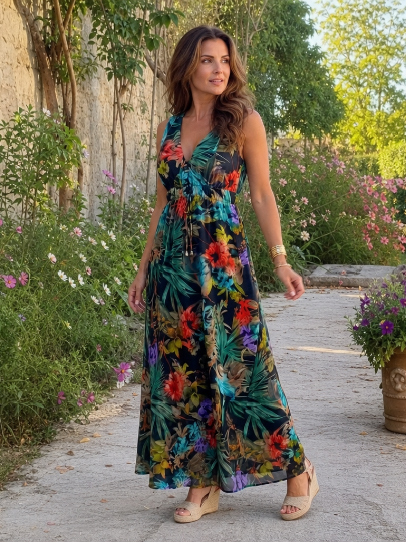 Ada | Maxi-jurk met bladprint in groen