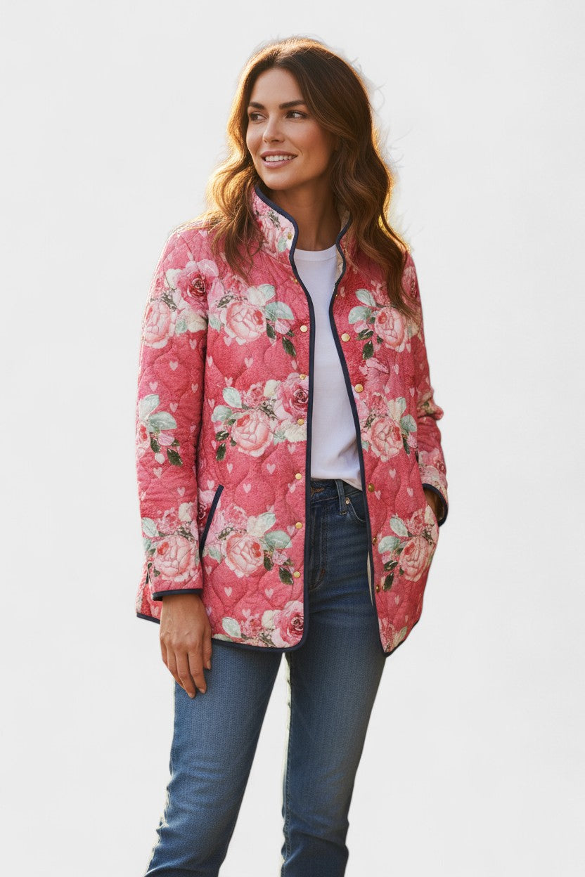 Aleid | Roze gewatteerde jas met bloemenmotief