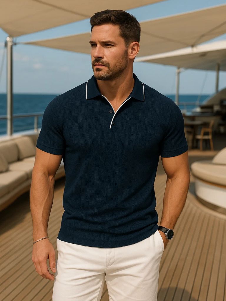 Alexander | Blauwe polo met contrastbies