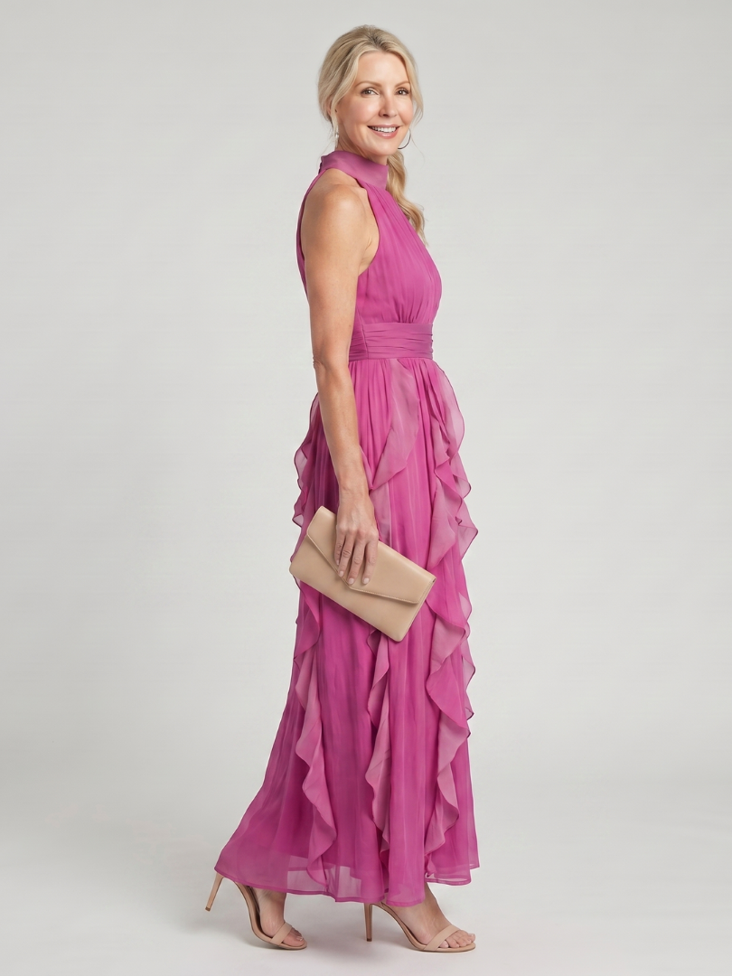 Angelique | Maxi-jurk in magenta met volants