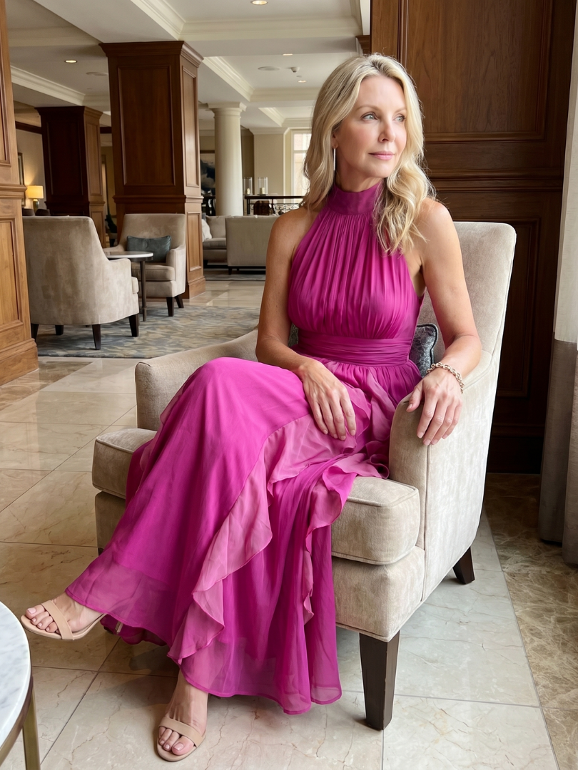 Angelique | Maxi-jurk in magenta met volants