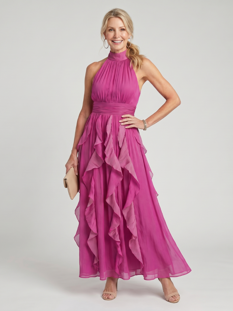 Angelique | Maxi-jurk in magenta met volants