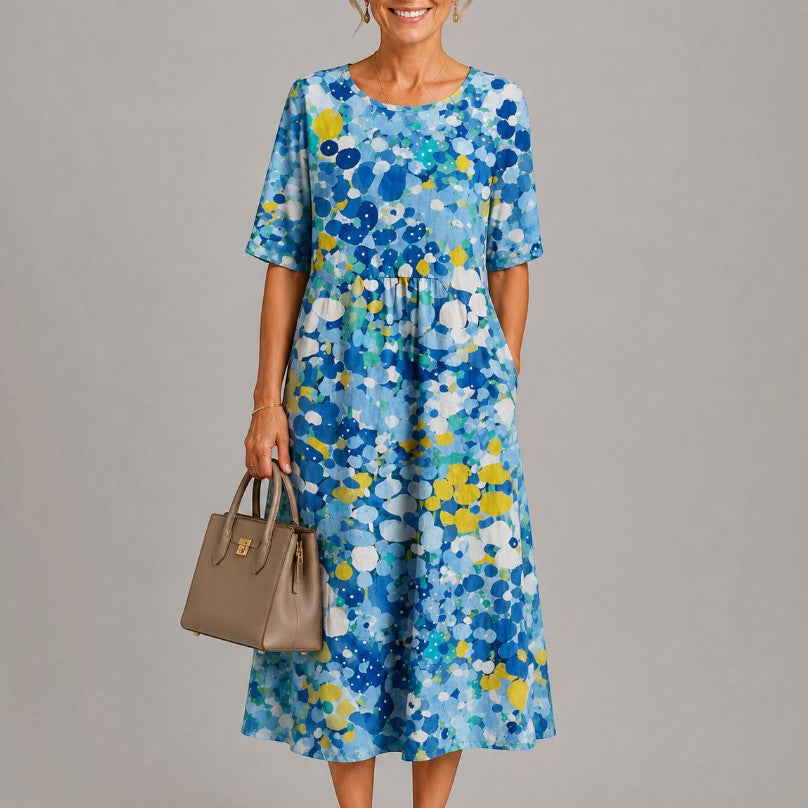 Anneloes | Midi-jurk met geschilderde aquarelbloemen