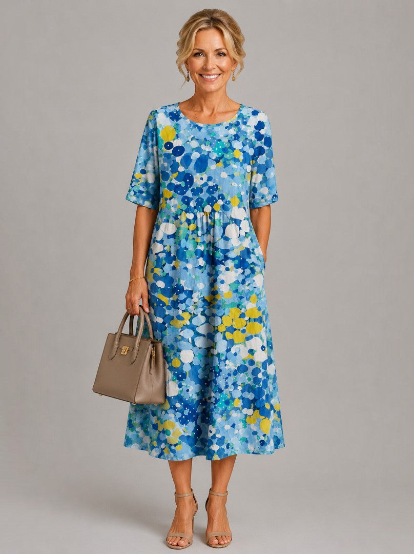 Anneloes | Midi-jurk met geschilderde aquarelbloemen