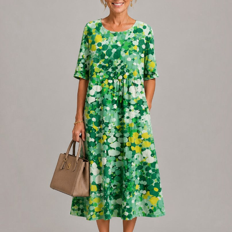 Anneloes | Midi-jurk met geschilderde aquarelbloemen