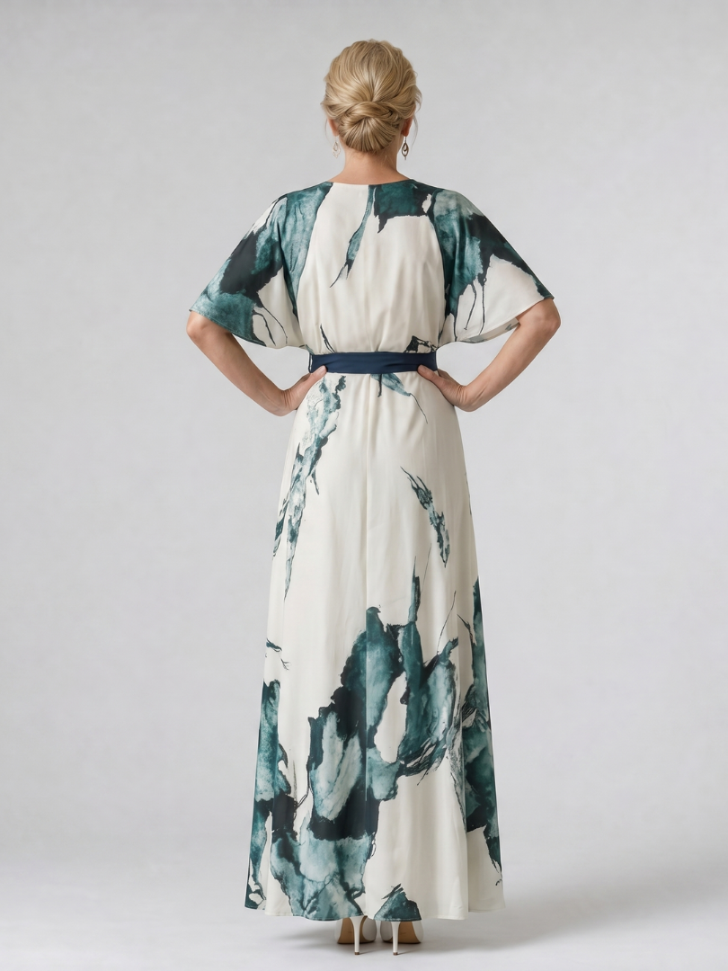 Baukje | Maxi-jurk met bladprint en bindceintuur