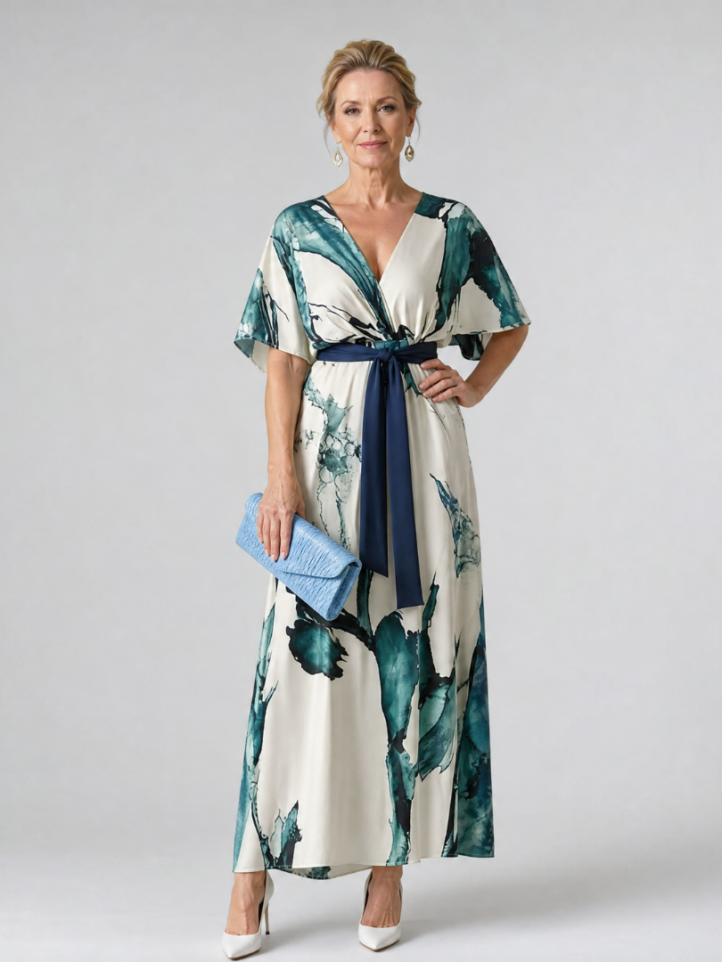 Baukje | Maxi-jurk met bladprint en bindceintuur