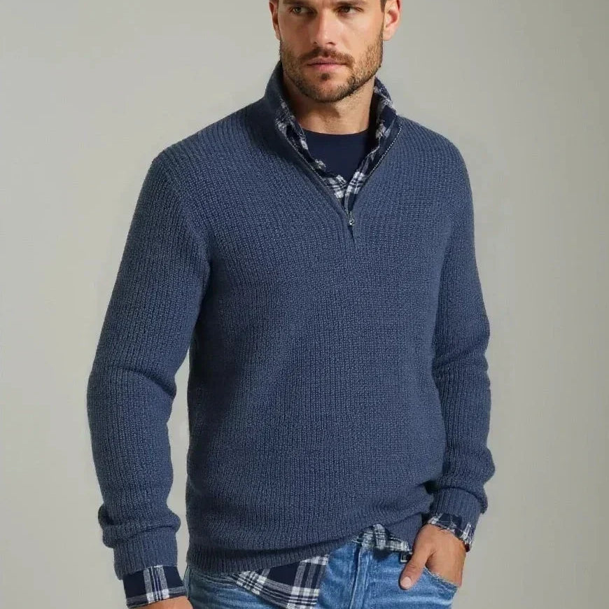 Hugo | Marineblauwe structuurtrui met halve rits