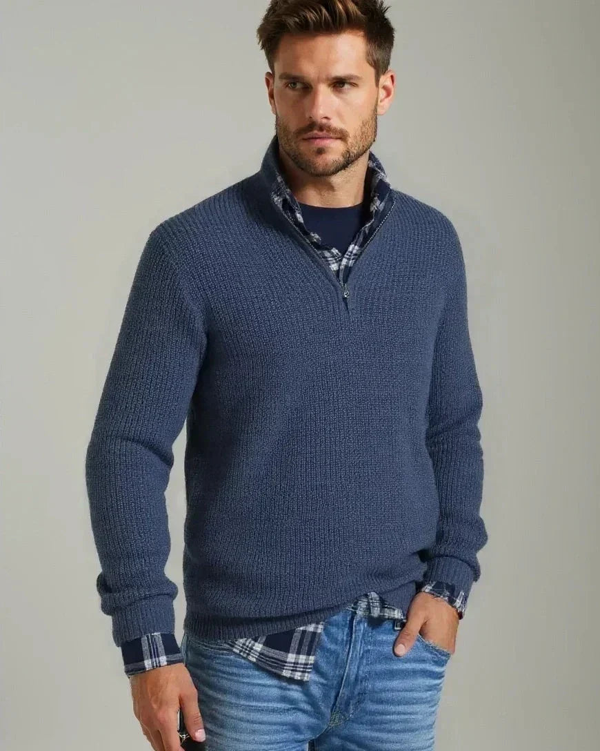 Hugo | Marineblauwe structuurtrui met halve rits