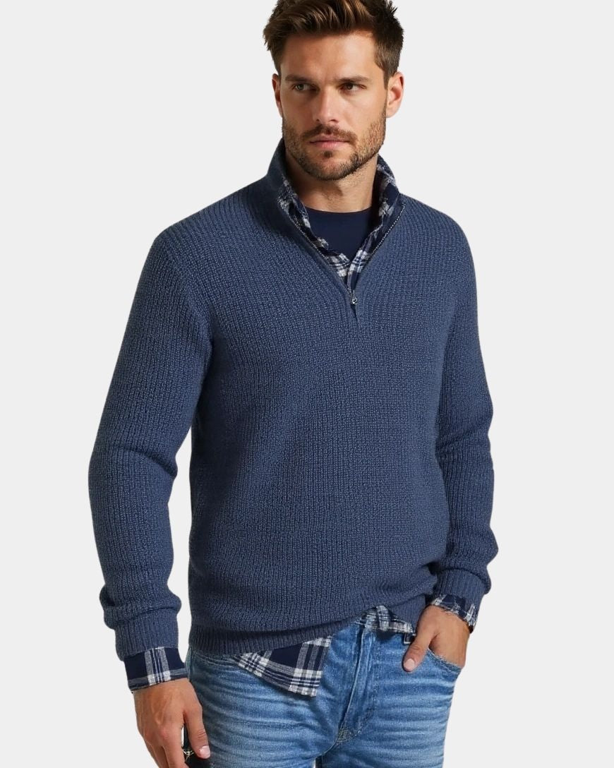 Hugo | Marineblauwe structuurtrui met halve rits