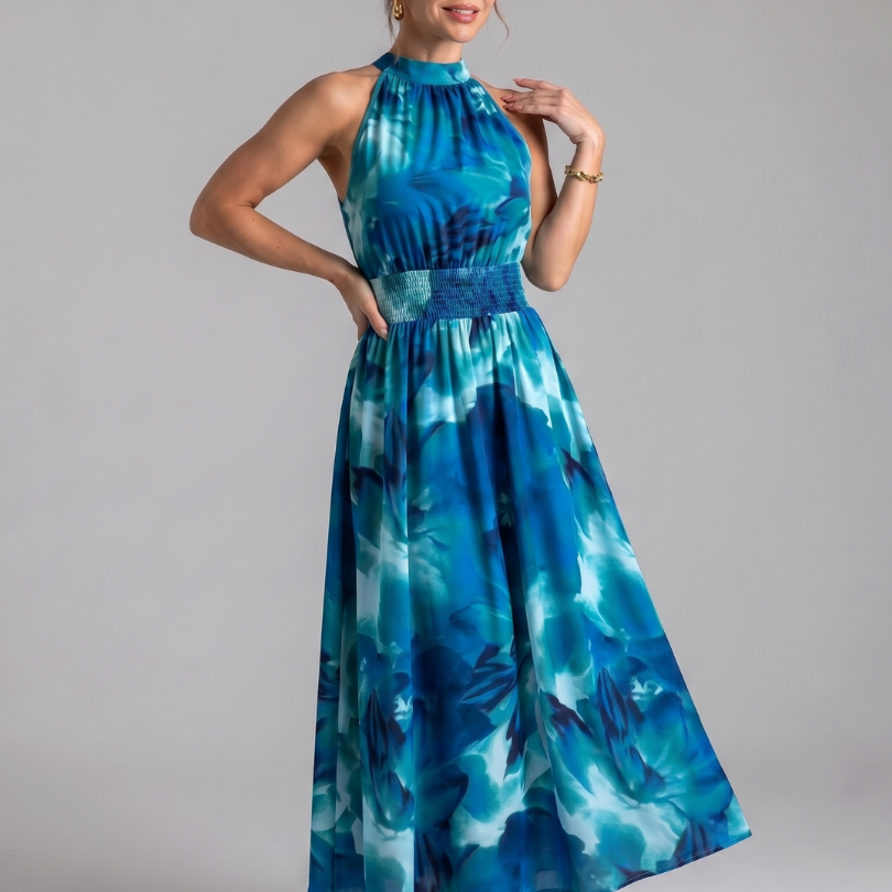 Claudia | Midi-jurk met aquarelprint in olijfgroen