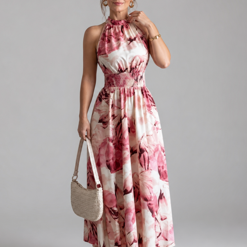 Claudia | Midi-jurk met aquarelprint in olijfgroen
