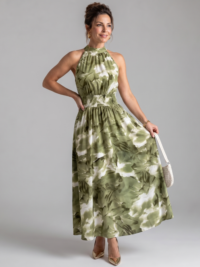 Claudia | Midi-jurk met aquarelprint in olijfgroen