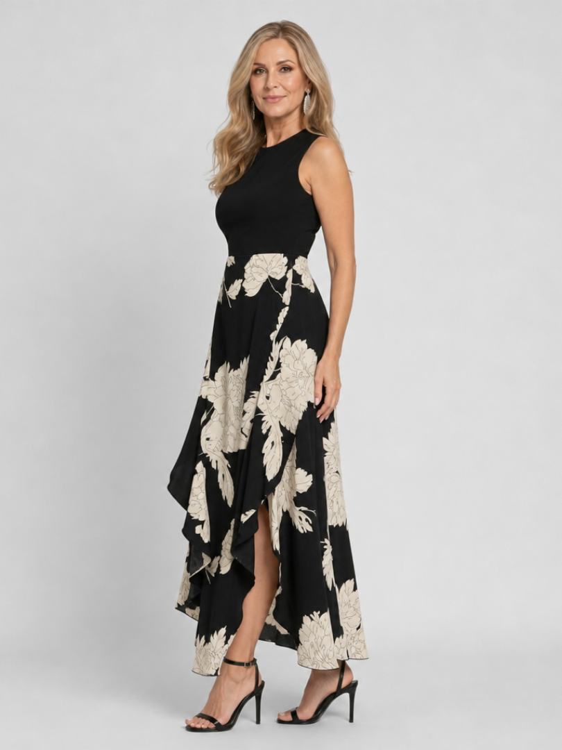 Colinda | Midi-jurk met bloemenprint in zwart