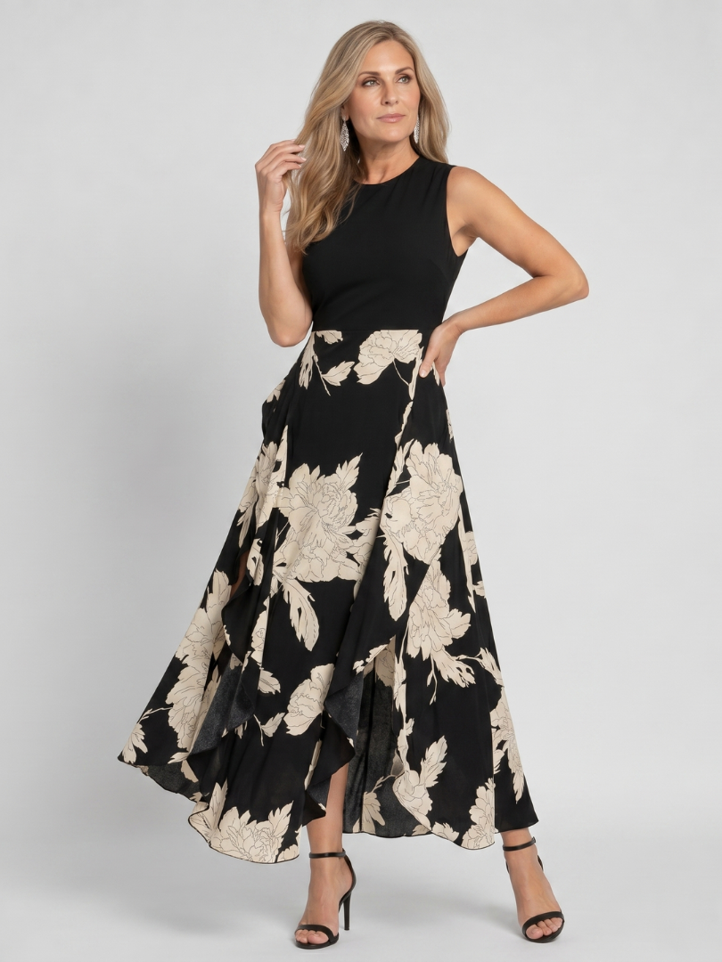 Colinda | Midi-jurk met bloemenprint in zwart