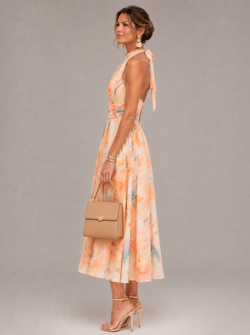 Diny | Midi-jurk met aquarelprint in abrikoos