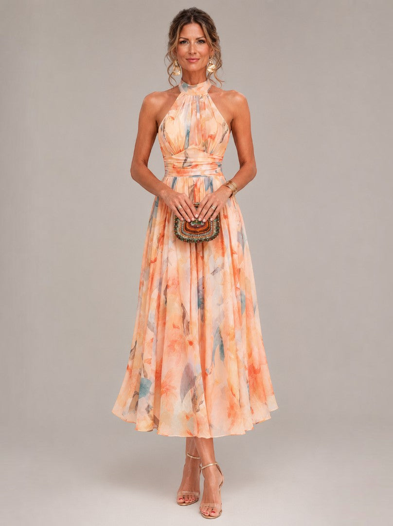 Diny | Midi-jurk met aquarelprint in abrikoos