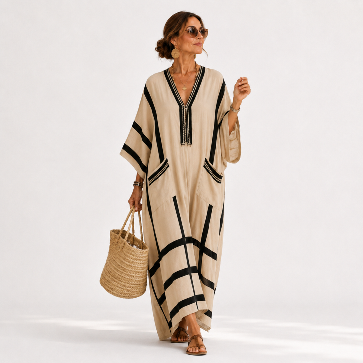 Femmie | Beige kaftan met zwarte strepen