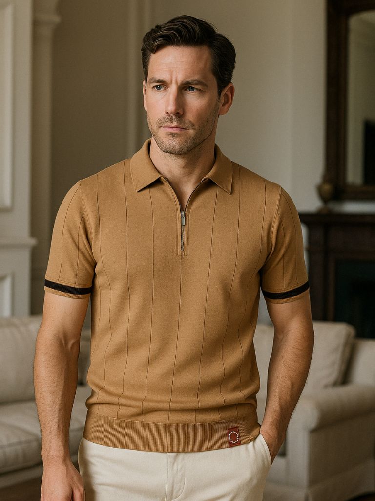Frederik | Camelkleurige gebreide polo met ritskraag