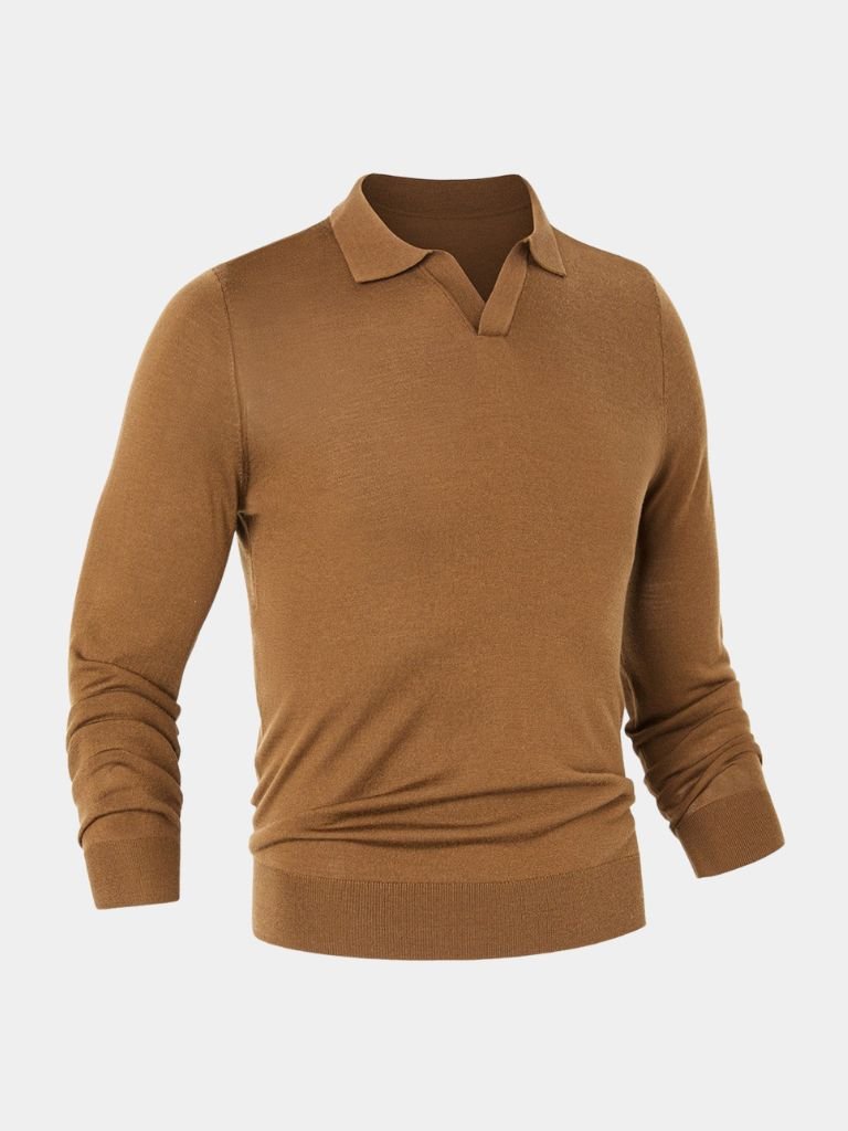 Gerard | Bruine polo met lange mouwen en open kraag