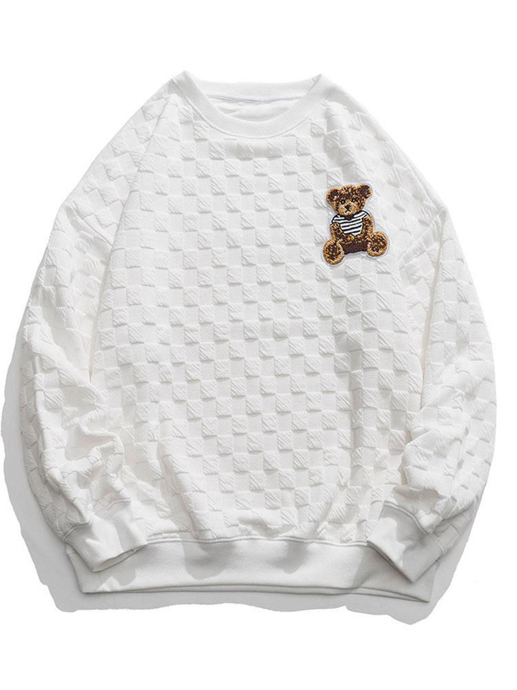 Gerard | Sweater met geborduurde beer en schaakbordjacquard en relaxte pasvorm