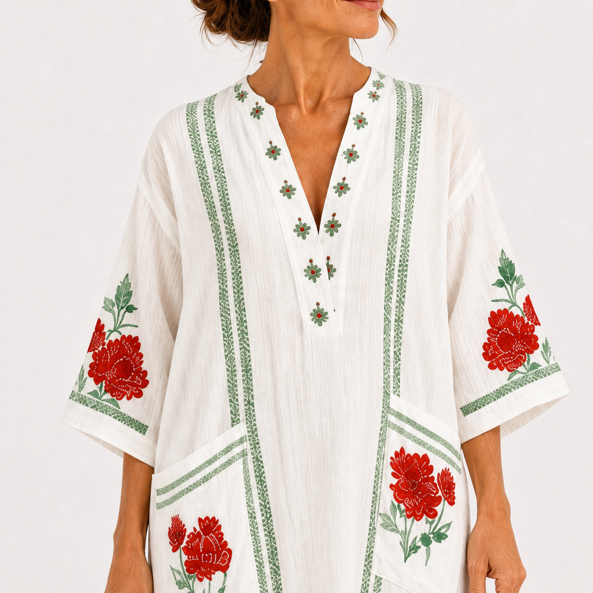 Gonda | Witte kaftan met rozenprint