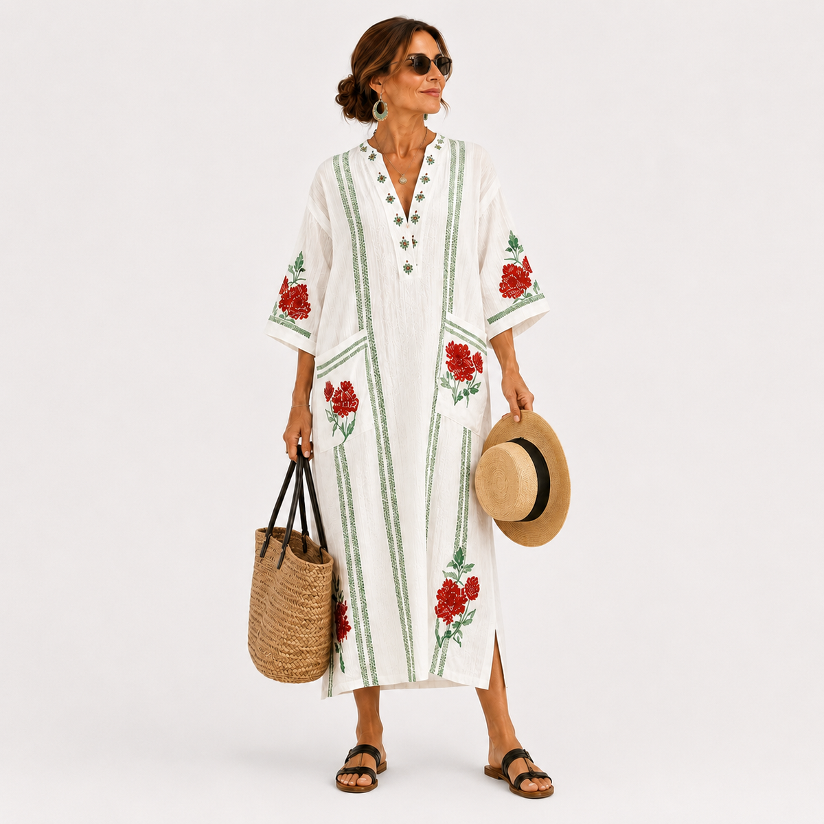 Gonda | Witte kaftan met rozenprint