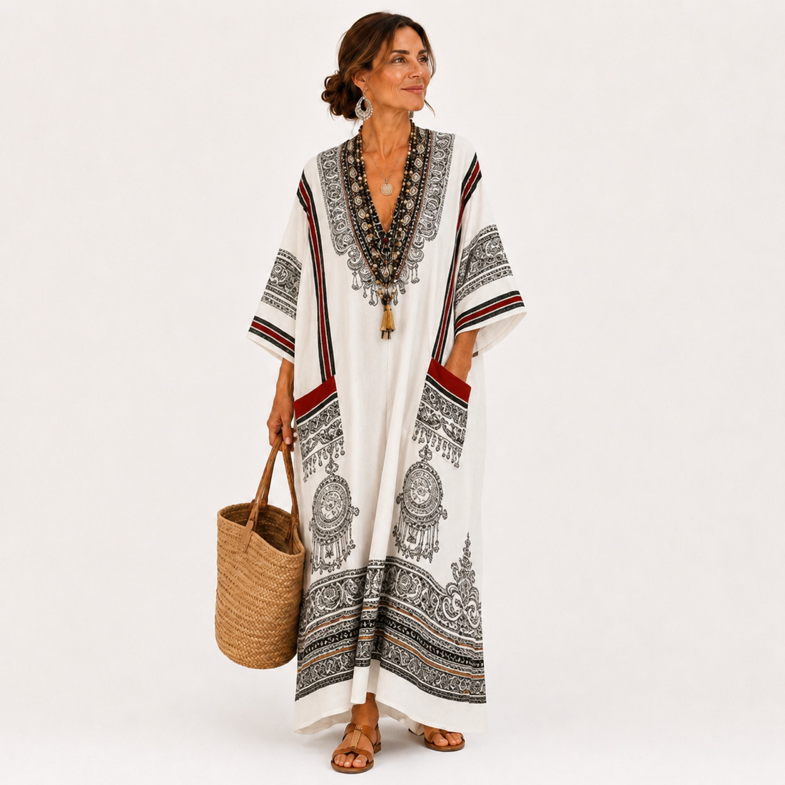 Grietje | Witte kaftan met etnisch motief