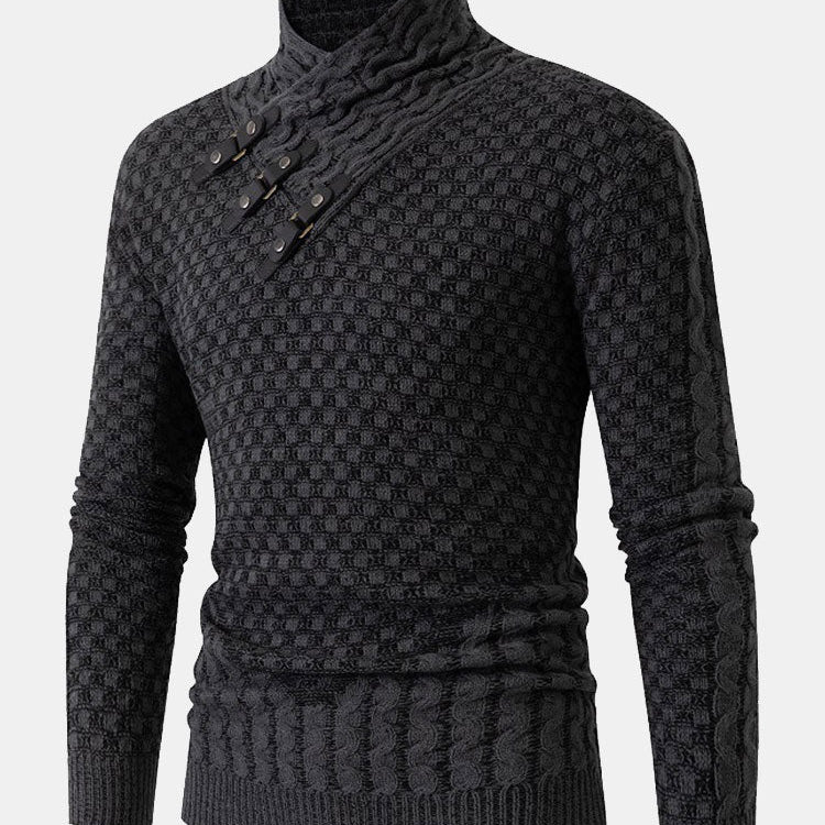 Guus | Gebreide jacquard coltrui met leren gespdetails