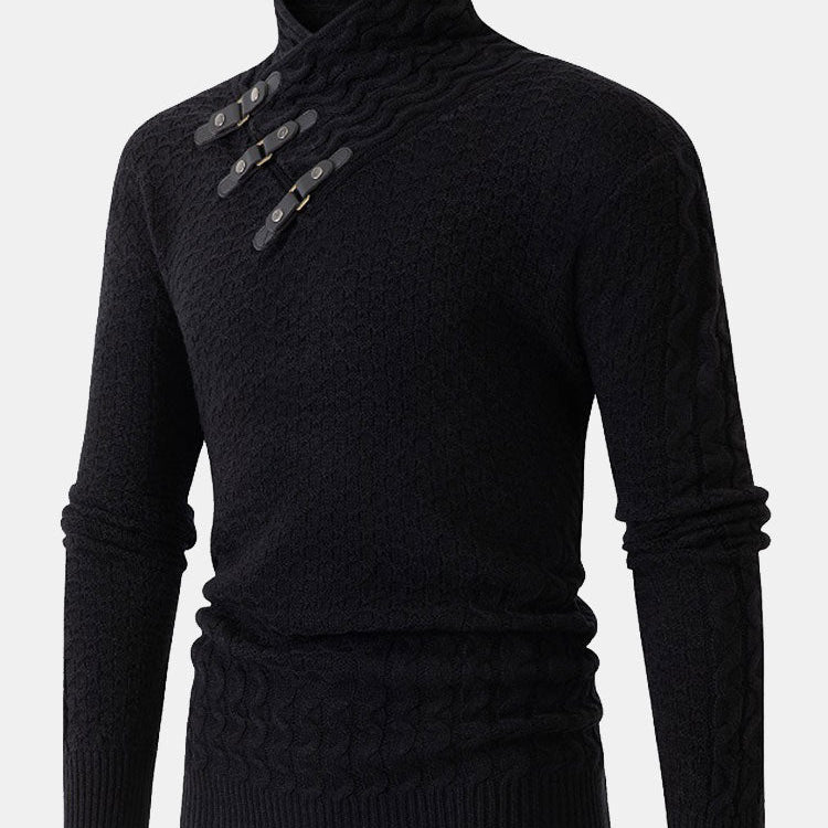 Guus | Gebreide jacquard coltrui met leren gespdetails