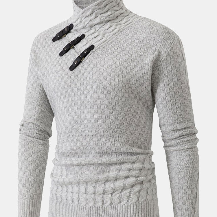Guus | Gebreide jacquard coltrui met leren gespdetails