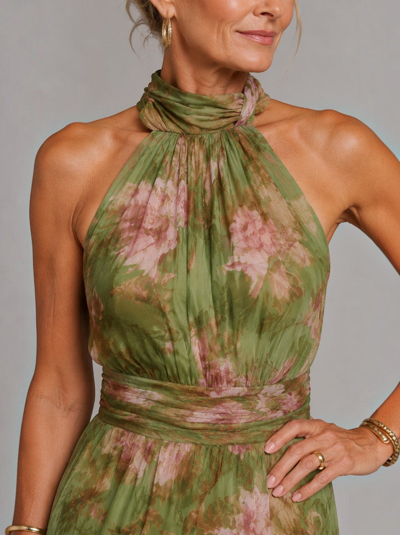Hermien | Maxi-jurk met rozenprint op olijfgroen