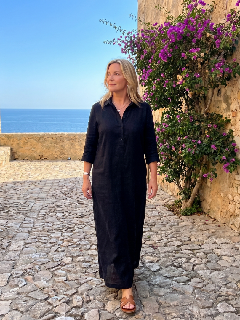 Hilde | Maxi-jurk in olijfgroen met linnenlook
