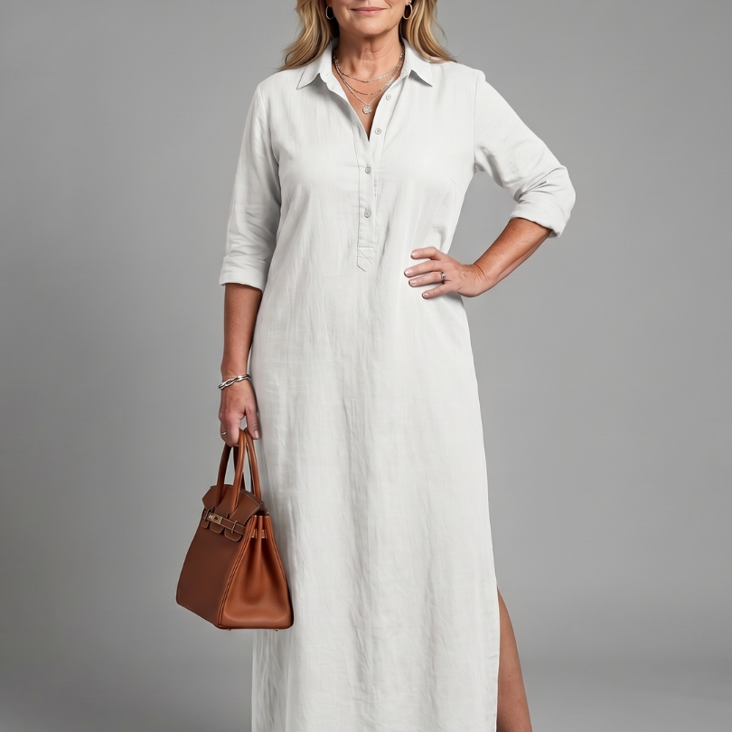 Hilde | Maxi-jurk in olijfgroen met linnenlook