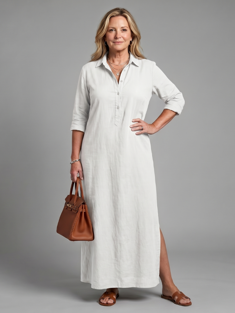 Hilde | Maxi-jurk in olijfgroen met linnenlook