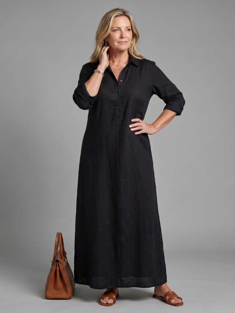 Hilde | Maxi-jurk in olijfgroen met linnenlook