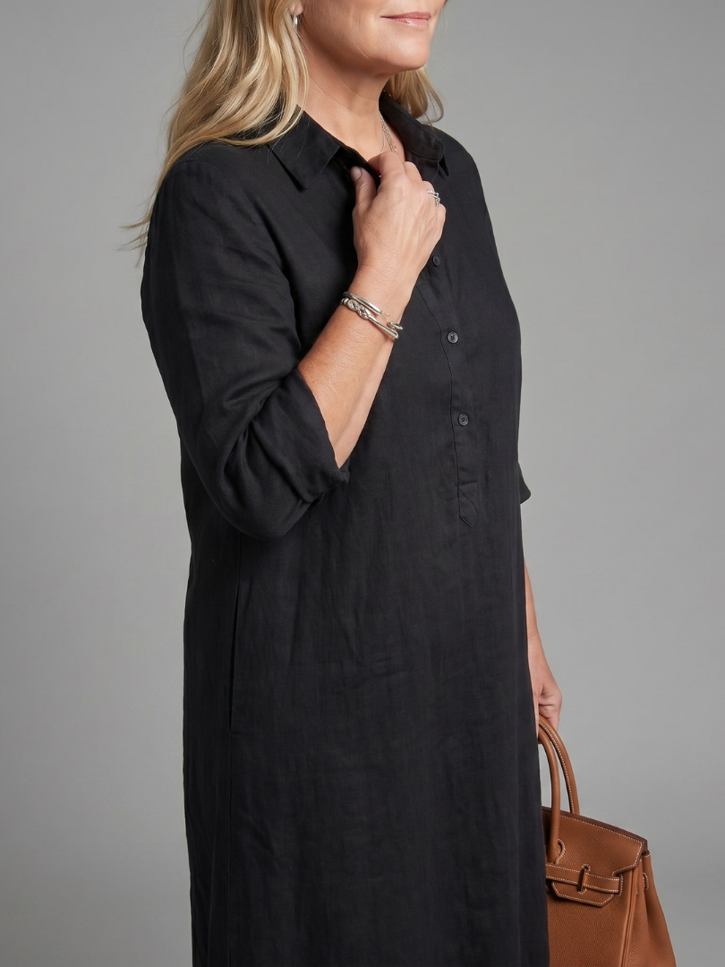 Hilde | Maxi-jurk in olijfgroen met linnenlook